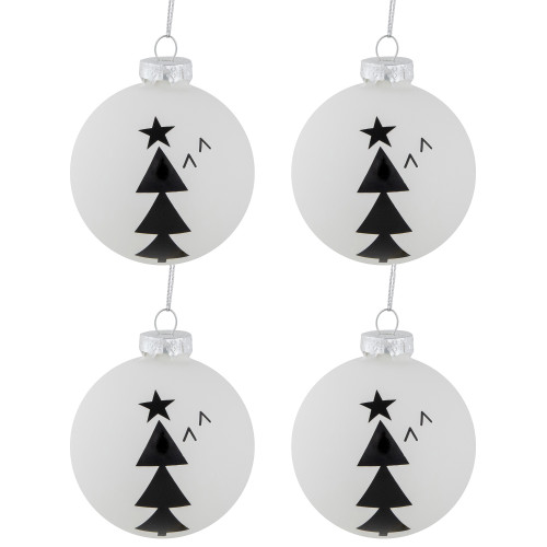 4ct White Glass Ball Ornaments with Black Christmas Trees 3"
