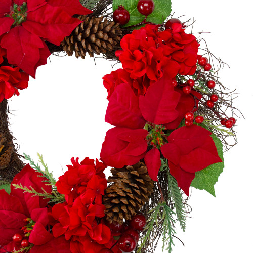 Poinsettia and Hydrangea Artificial Christmas Wreath - 24" - Unlit