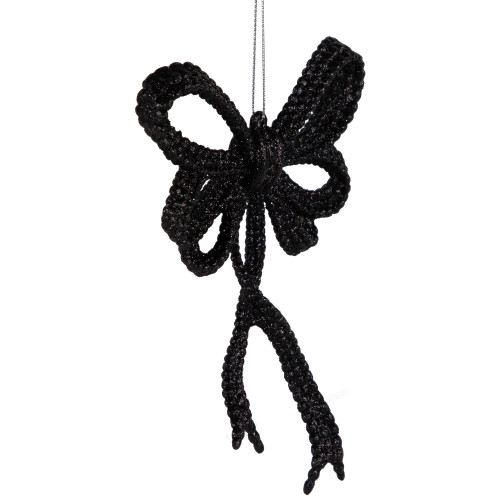 Set of 4 Black Glitter Bowtie Christmas Ornaments 6"