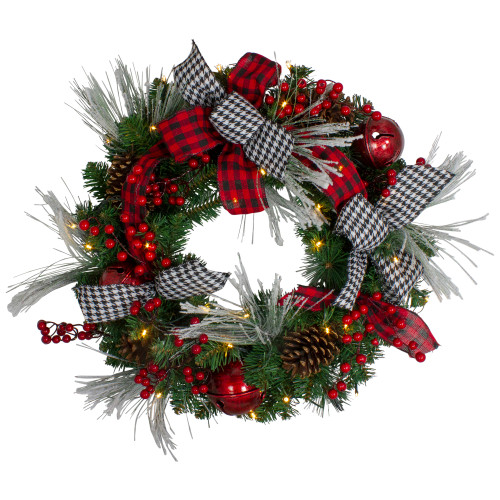 Pre-Lit Plaid and Houndstooth Artificial Christmas Wreath - 24" - Warm White Lights