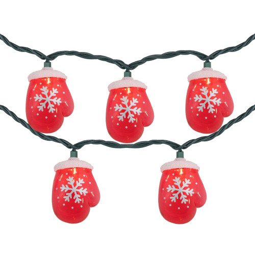 10 Count Red Snowflake Mitten Christmas Light Set, 7.5ft Green Wire