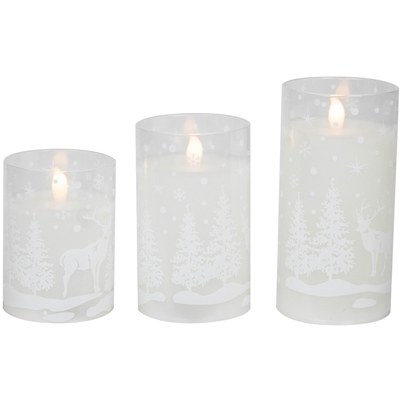 LED Flameless Flickering Snowy Woodland Glass Christmas Pillar Candles - 6" - Set of 3