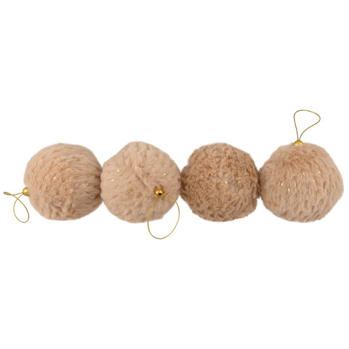 Faux Fur and Sequin Christmas Ball Ornaments - 2.75" - Beige - Set of 4
