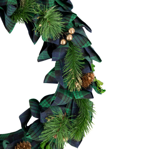 Blue and Green Plaid Bow Artificial Pine Christmas Wreath, 17.75-Inch, Unlit