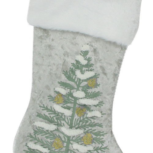 20" Snow Covered Green Tree Gray Christmas Stocking with White Cuff