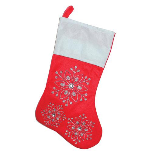 19" Red and White Felt Christmas Stocking with Glitter Snowflakes and Gemstones