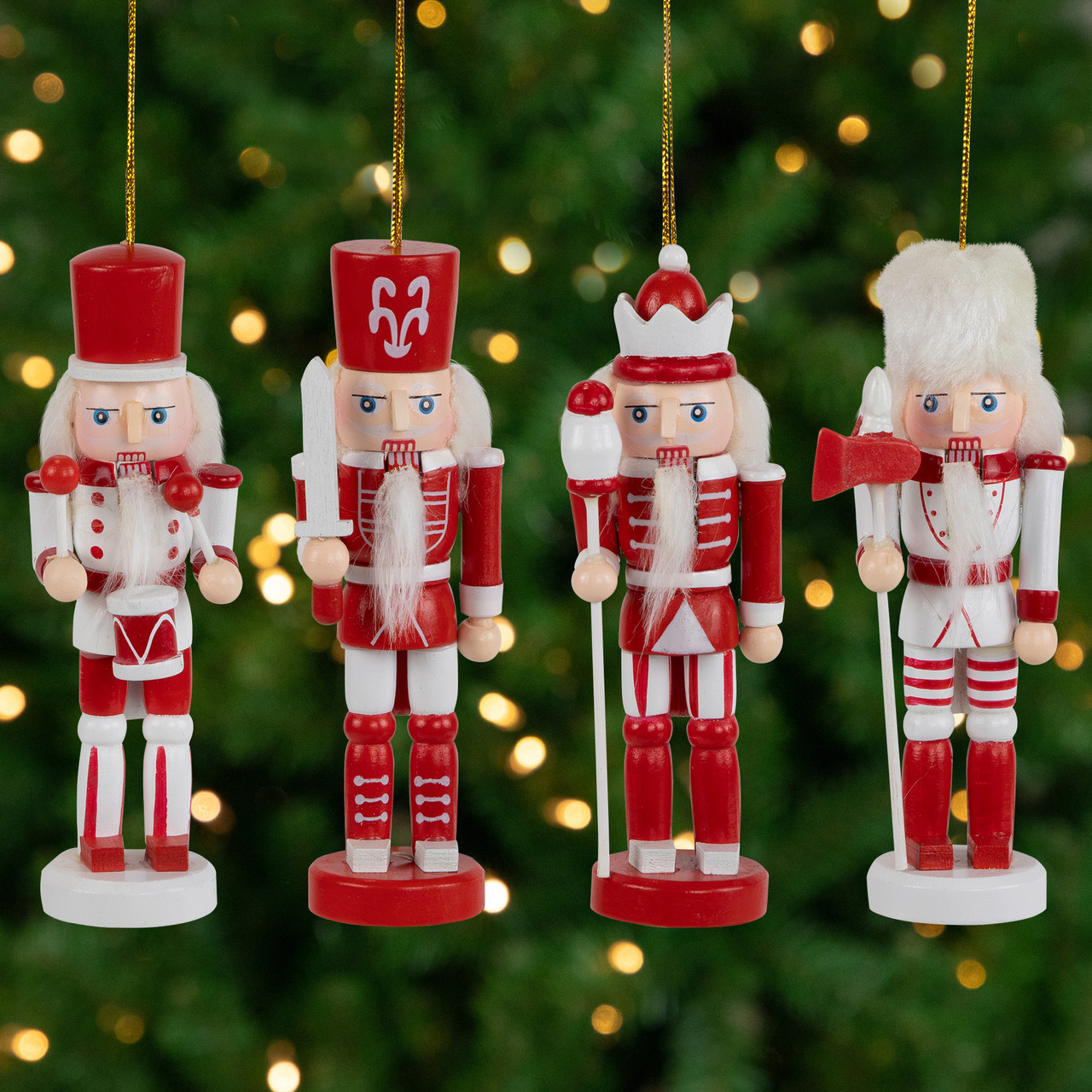 Nutcracker Soldiers Wooden Christmas Ornaments - 5" - Red and White - Set of 4