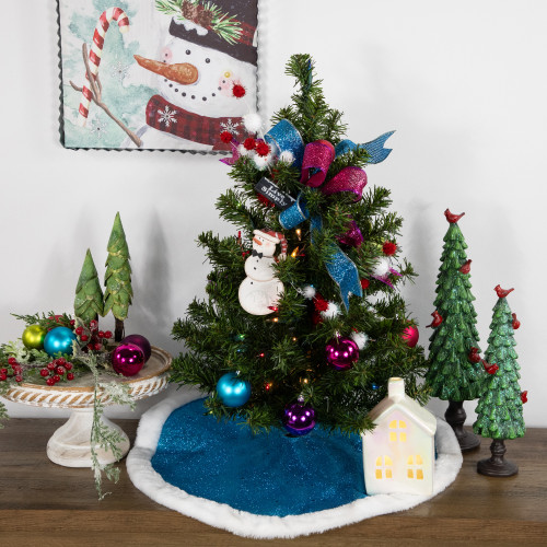 20" Blue Glittered Mini Christmas Tree Skirt with Fur Trim