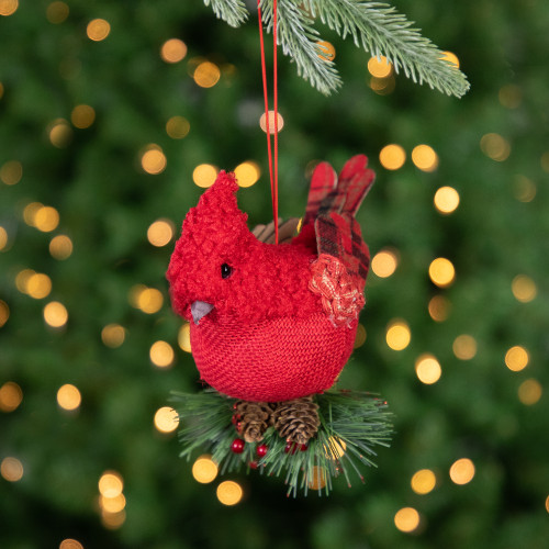 Burlap Cardinal with Pine Needles and Berries Christmas Ornament - 5.25" - Red