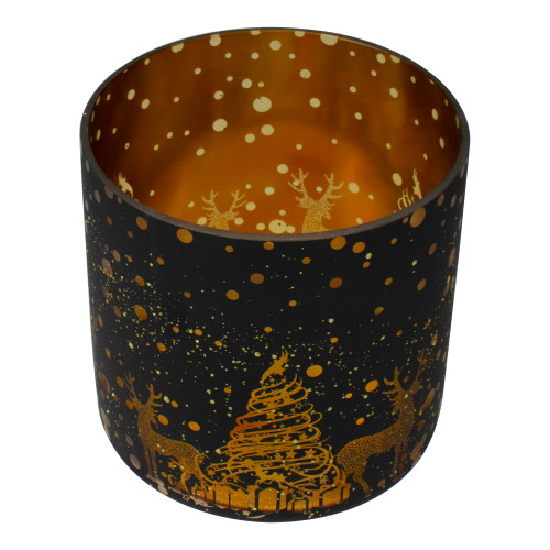 6" Black and Gold Deer and Pine Trees Flameless Glass Candle Holder