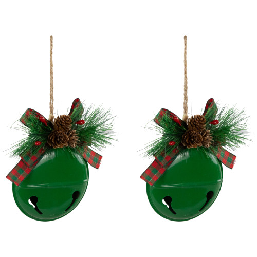 Jingle Bells with Bow and Pinecones Christmas Disc Ornaments - Green - 5" - Set of 2