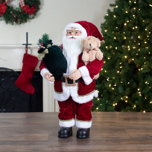 2' Standing Santa Christmas Figure with a Plush Bear
