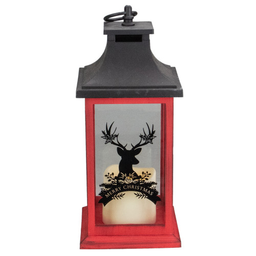 LED Candle with Deer "Merry Christmas" Lantern - 12" - Red and Black