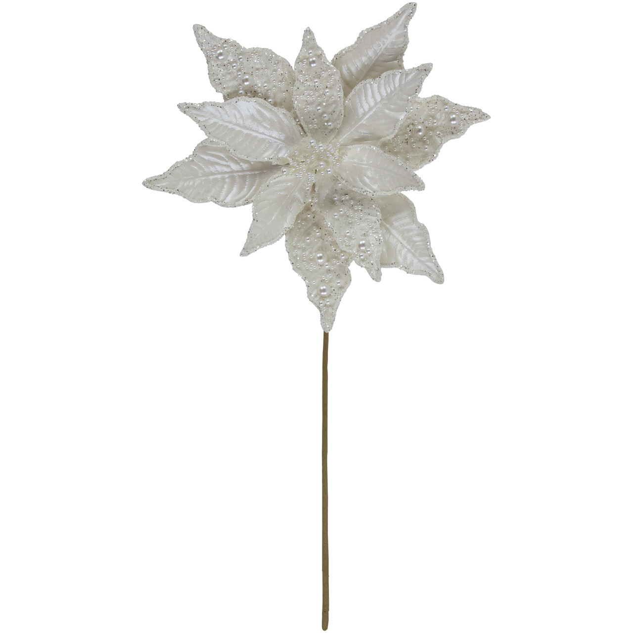 22" Pearl White Glittered Poinsettia Christmas Stem Spray