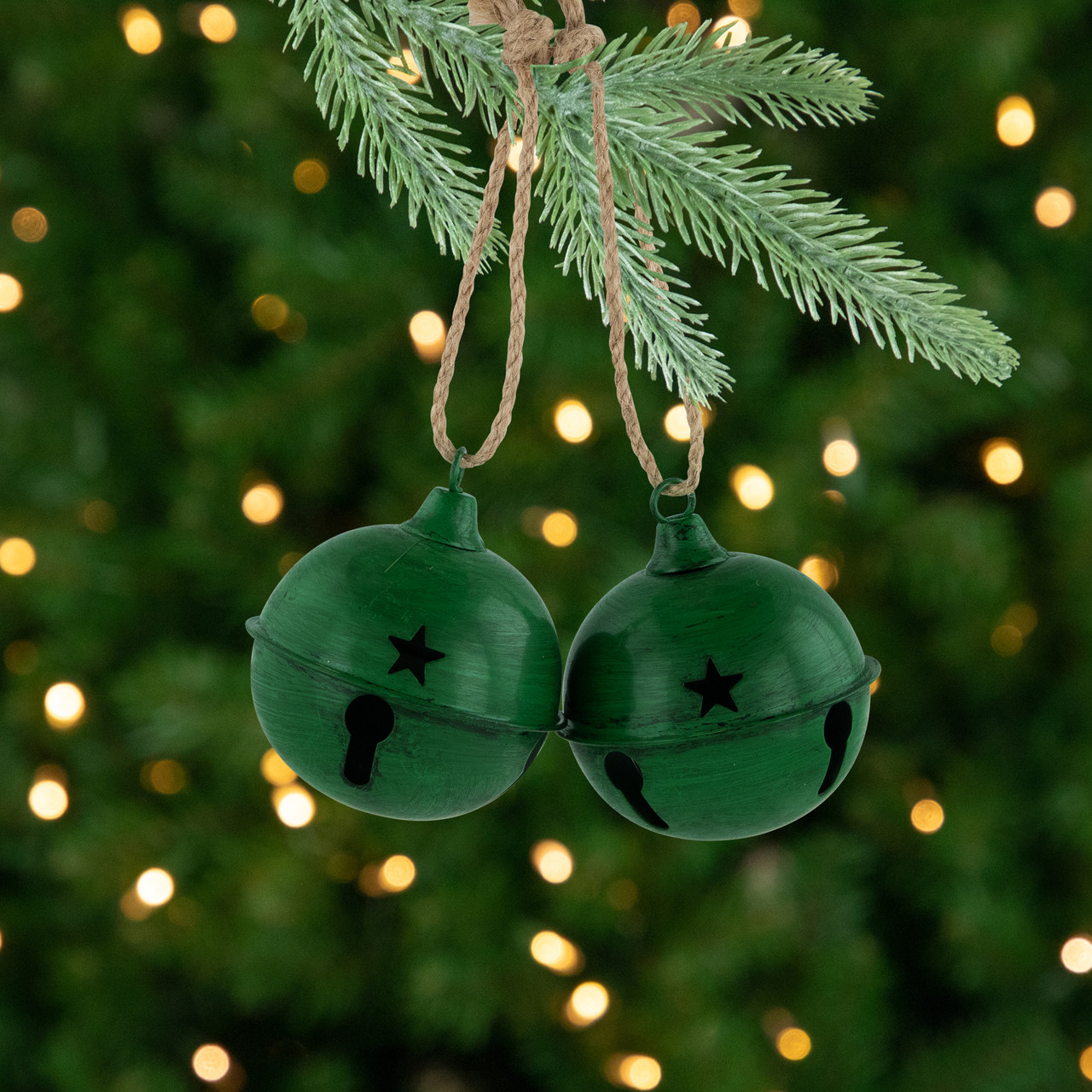 Antiqued Christmas Jingle Bells Ornaments - 3" - Green - Set of 2