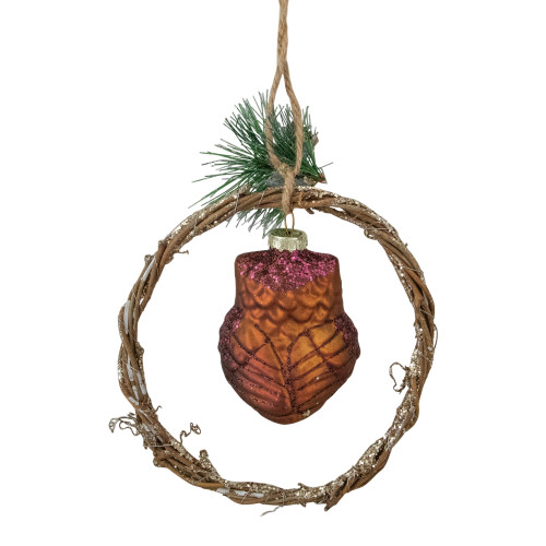 5.25" Brown Glass Owl in a Twig Wreath Christmas Ornament