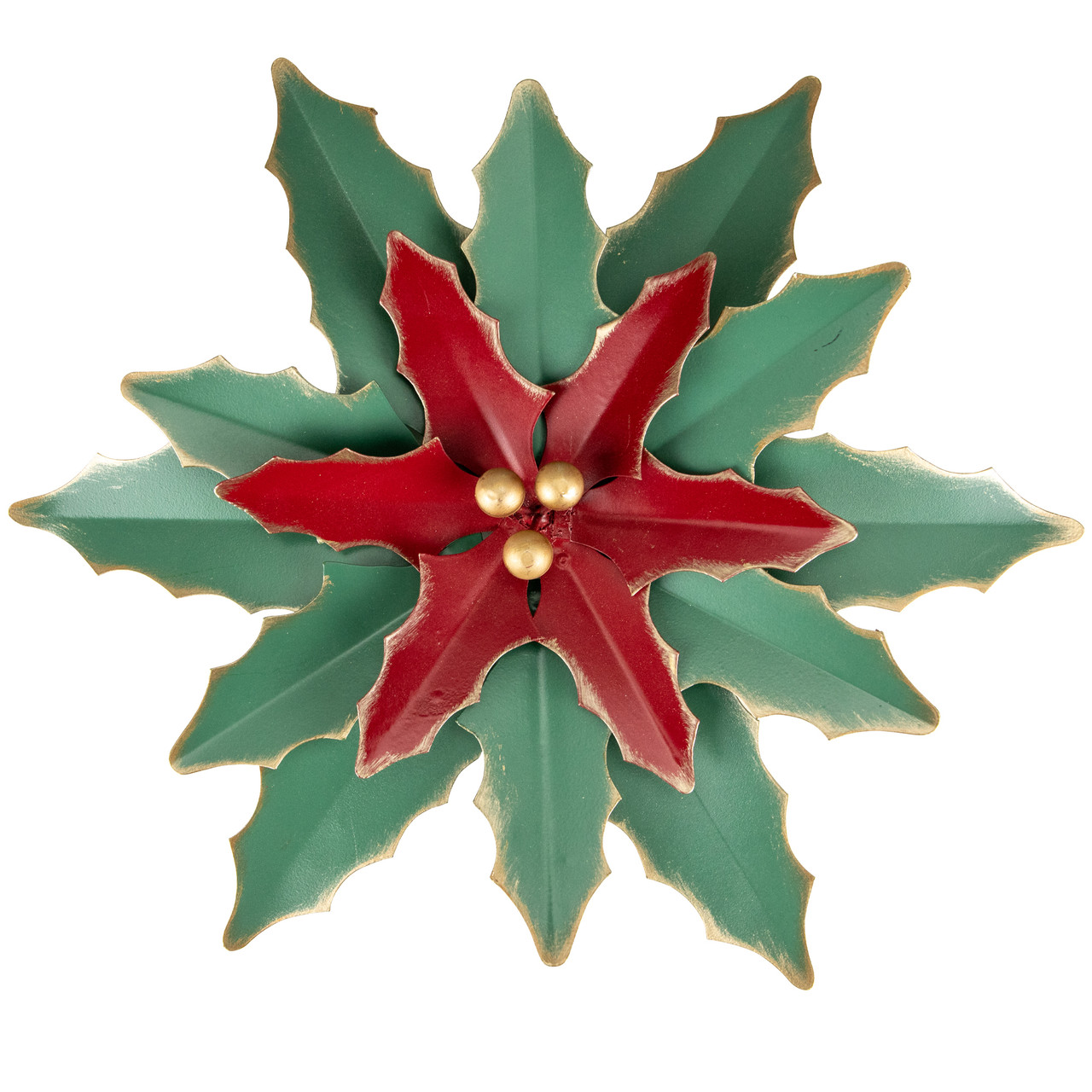 14" Small Green and Red Metal Poinsettia Christmas Wall Hanging