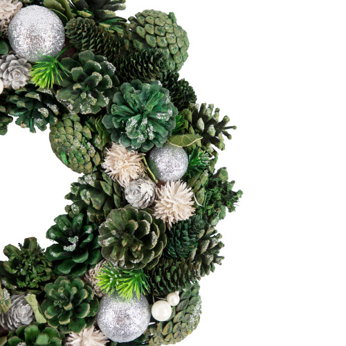 Green Pinecone and Foliage Artificial Christmas Wreath, 14-Inch, Unlit
