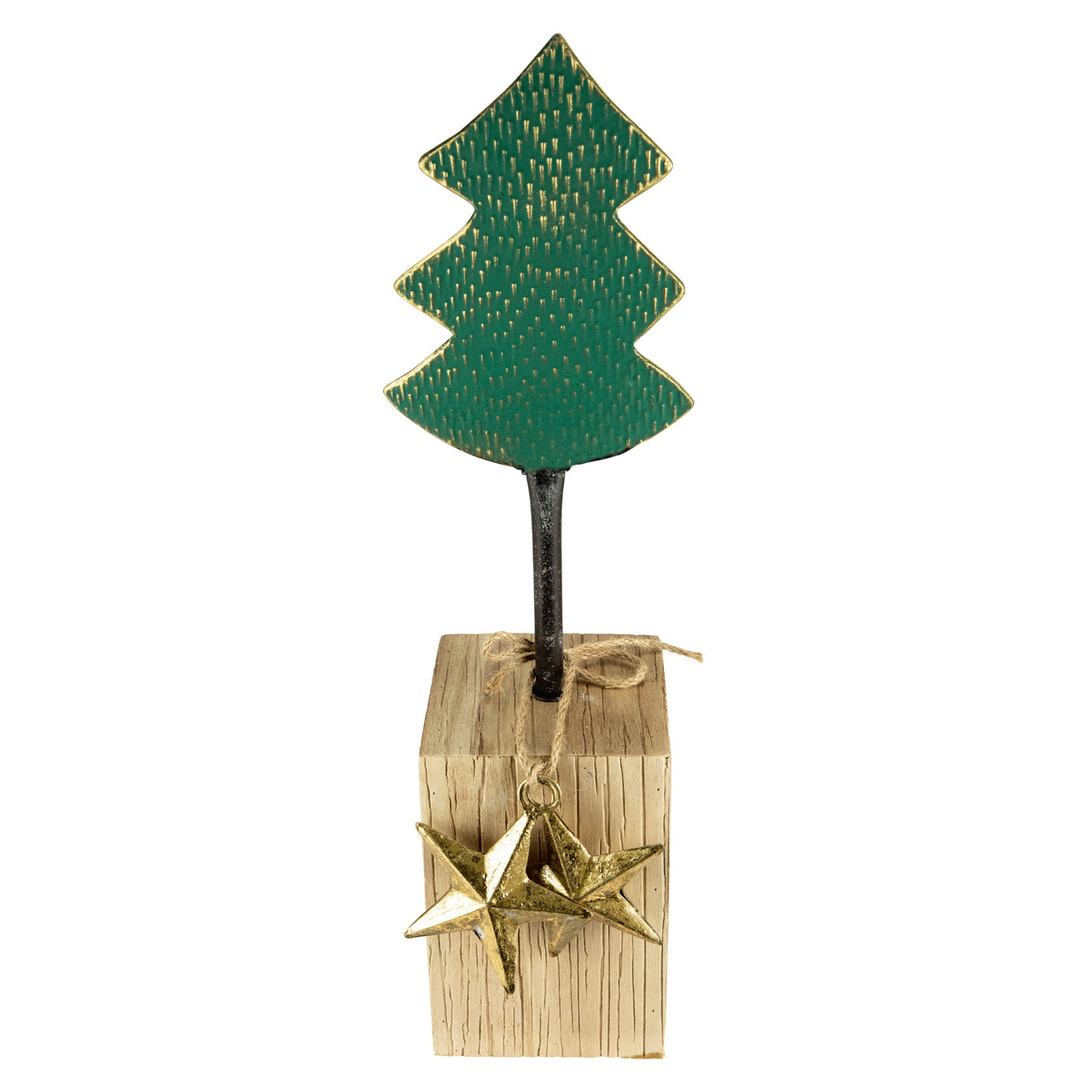 Metal Tree with Stars and Chunky Wooden Base Christmas Decoration - 16.75" - Green