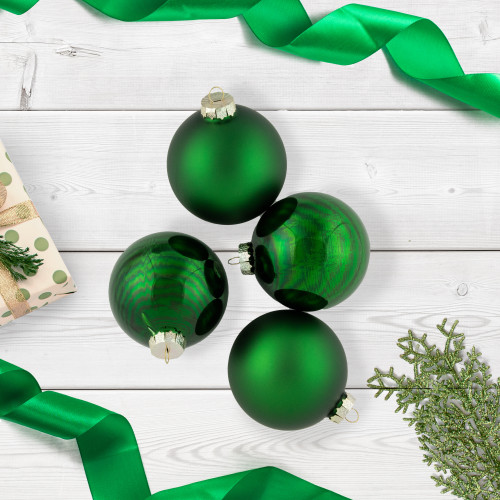 4ct Green 2-Finish Glass Ball Christmas Ornaments 4"