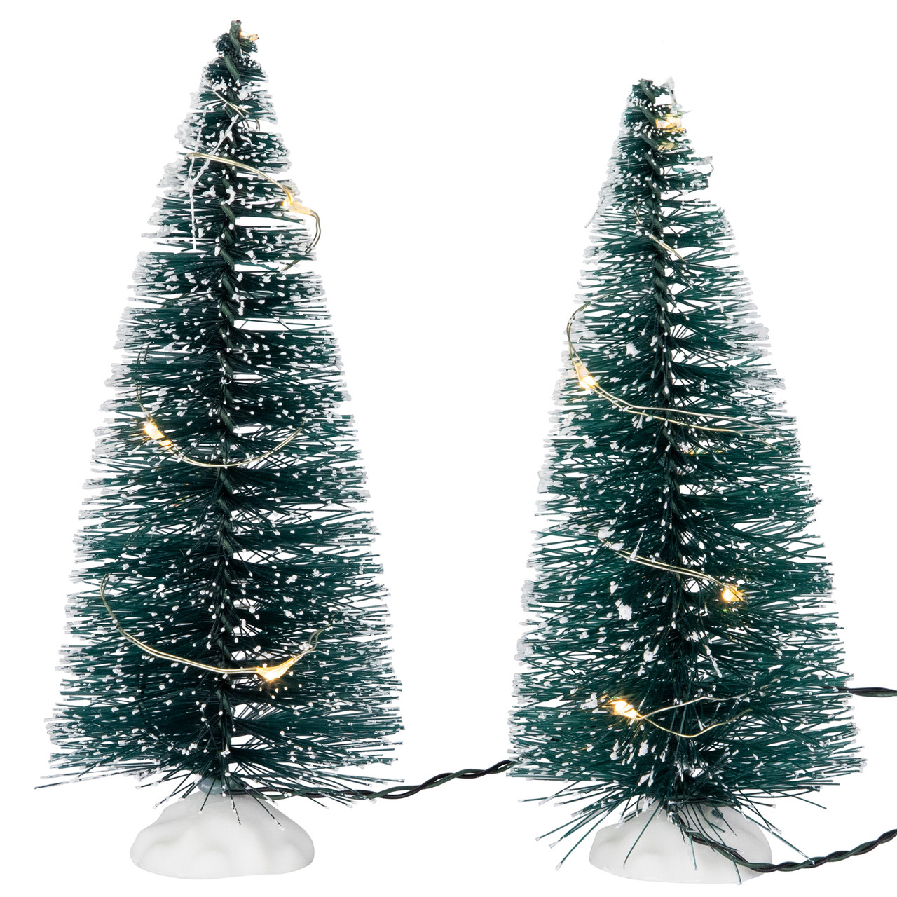 LED Lighted Frosted Mini Bottle Brush Pine Christmas Village Trees - 6" - Set of 2
