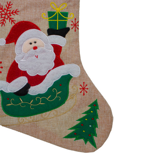 19" Red and Green Santa Claus in Sleigh Embroidered Christmas Stocking