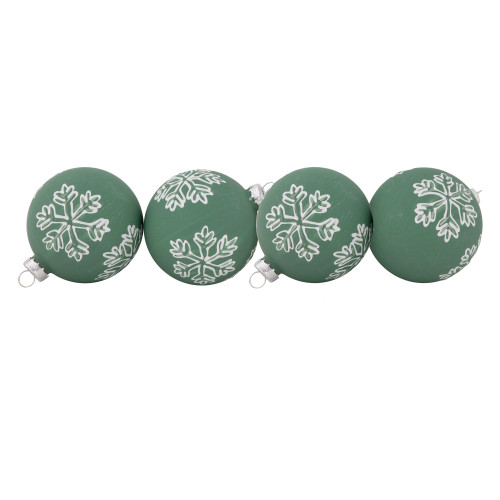 4ct Green Glass Christmas Ball Ornaments with White Snowflakes 3" (80mm)