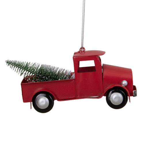 4.5" Red Vintage Style Truck with Frosted Tree Christmas Ornament