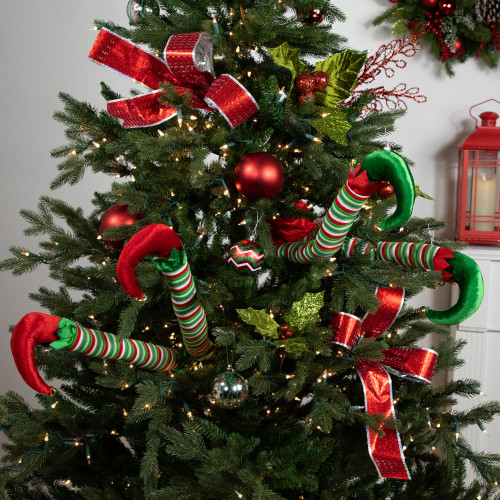 Striped Plush Elf Legs Christmas Decorations - 19" - Red and Green - Set of 2