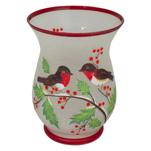 8" Hand Painted Finches and Pine Glass Christmas Candle Holder