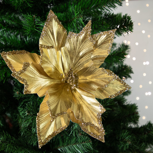 24" Metallic Gold Sequin Poinsettia Christmas Stem Spray