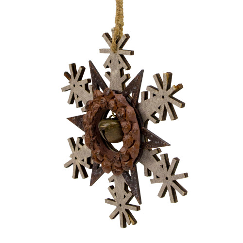 6" Brown and White Wooden Snowflake Christmas Ornament