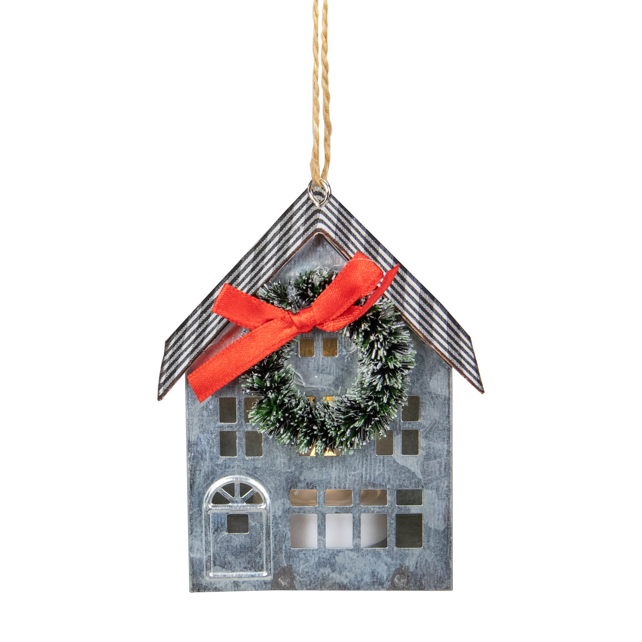 3.5" LED Lighted Galvanized House with Wreath Christmas Ornament