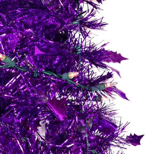 6' Pre-Lit Purple Tinsel Pop-Up Artificial Christmas Tree, Clear Lights