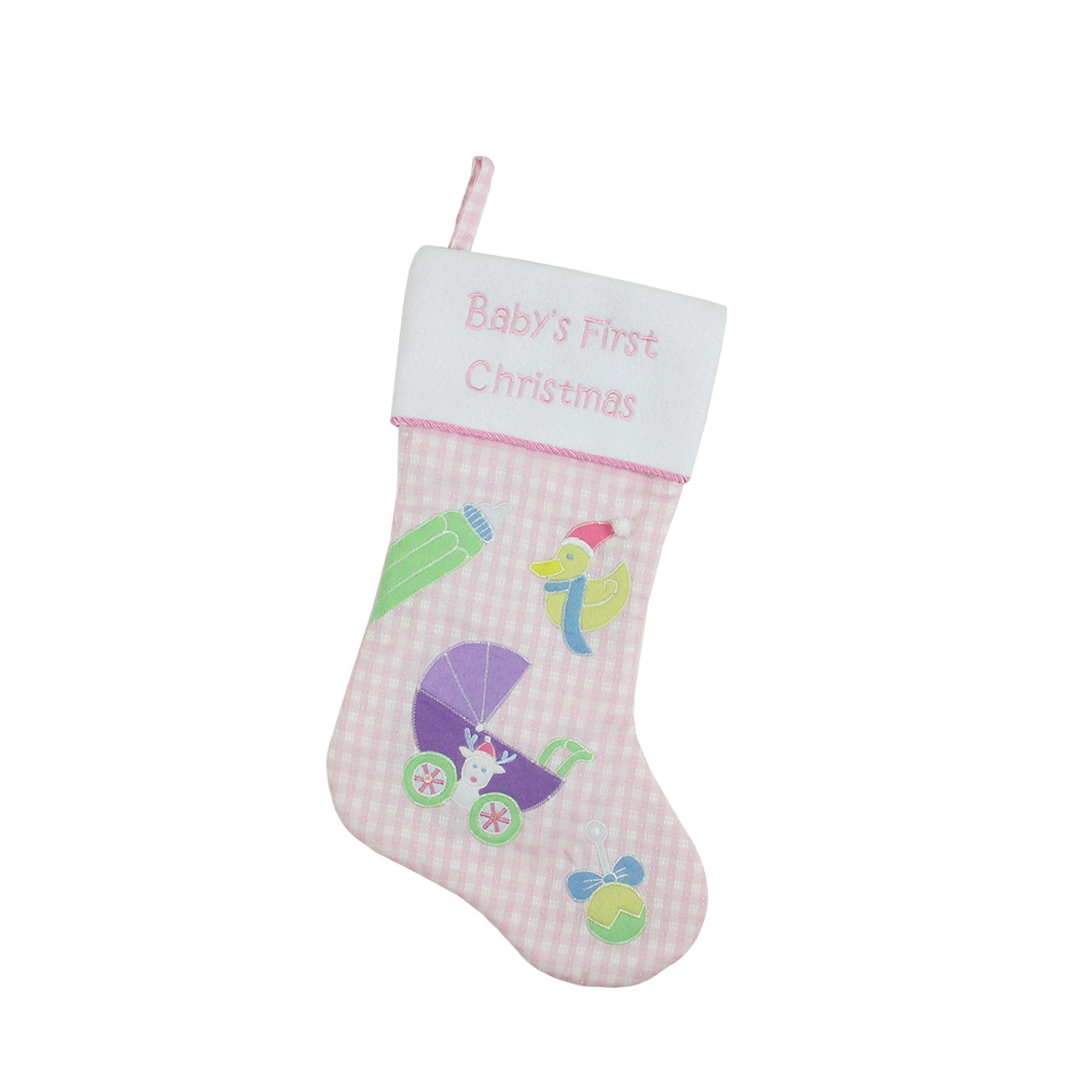 18.5" Pink and White "Baby's First Christmas" Embroidered Stocking