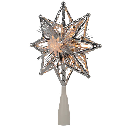 8" Lighted Silver Tinsel Star Christmas Tree Topper - Clear Lights, White Wire