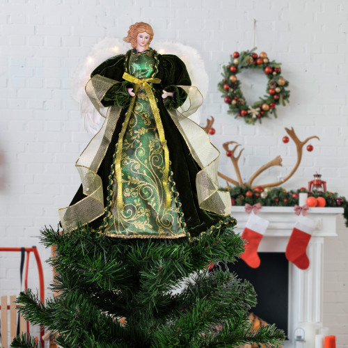 Angel with Lighted Wings Christmas Tree Topper - 14" - Green and Gold