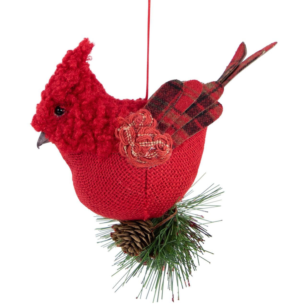 Burlap Cardinal with Pine Needles and Berries Christmas Ornament - 5.25" - Red