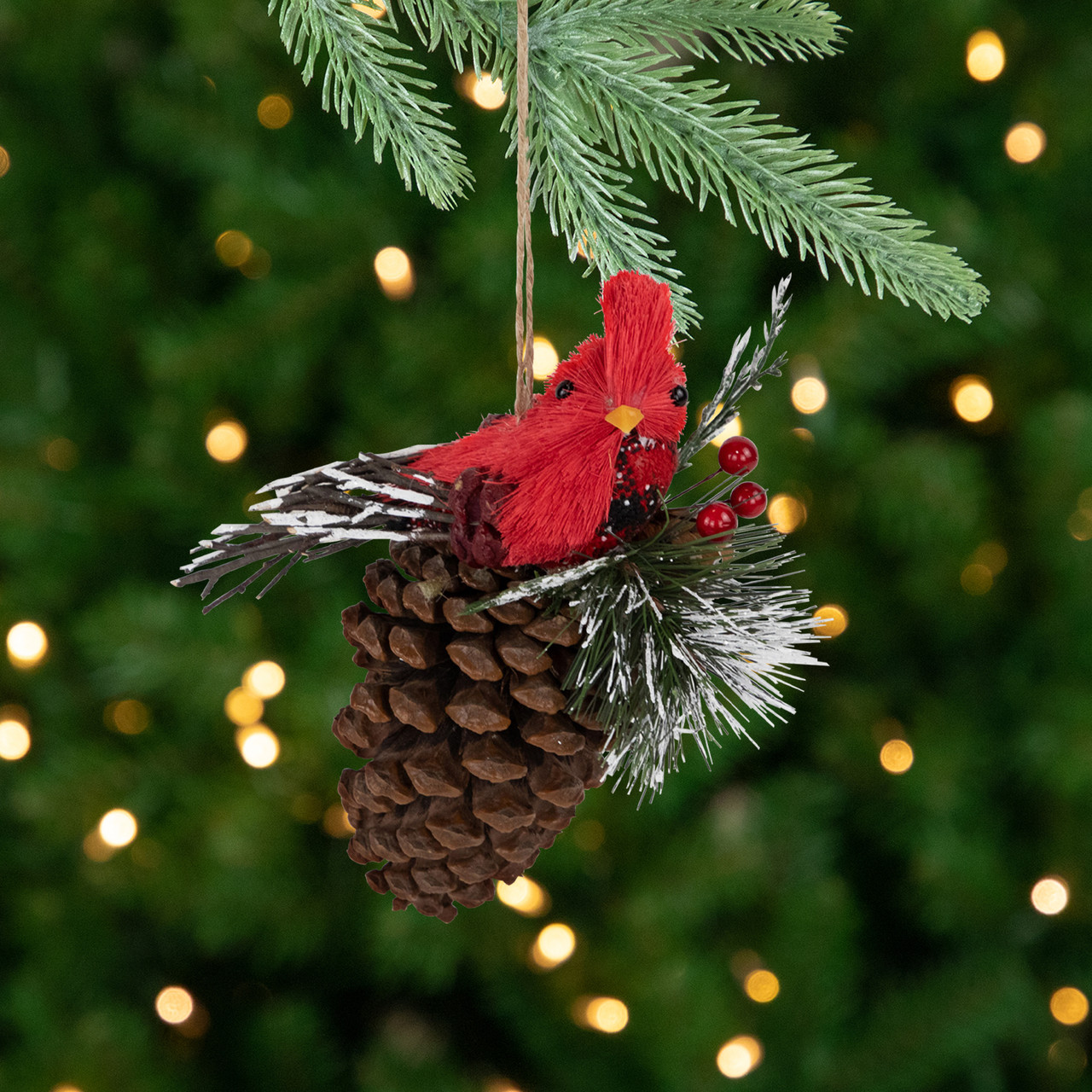 Woodland Cardinal Bird Perched on a Pinecone Frosted Christmas Ornament - 6.75"