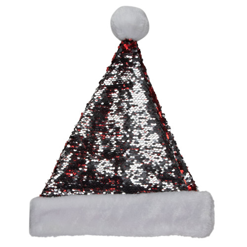 15" Red and Silver Reversible Sequined Christmas Santa Hat with Faux Fur Cuff