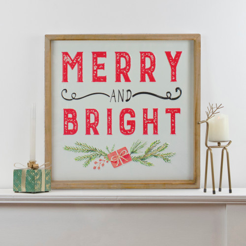 16" Wooden Framed "Merry And Bright" Metal Christmas Sign