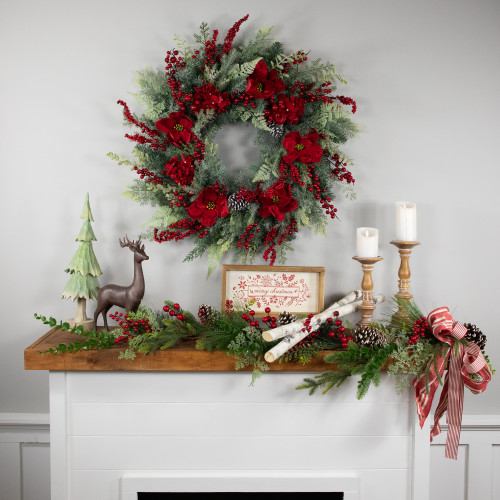 Real Touch? Poinsettia and Pinecone Artificial Christmas Wreath - 38" - Unlit