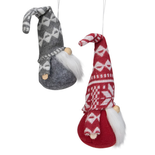 Gnomes with Nordic Hats Christmas Ornaments - 7" - Red and Gray - Set of 2