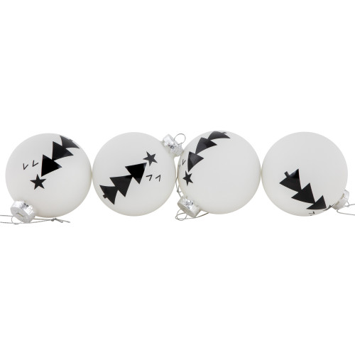 4ct White Glass Ball Ornaments with Black Christmas Trees 3"
