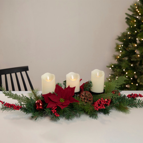 32" Artificial Mixed Pine, Berries and Poinsettia Christmas Candle Holder Centerpiece