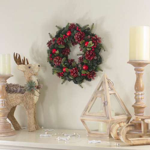 Red  Pine Cones and Ornaments Christmas Wreath, 13" - Unlit