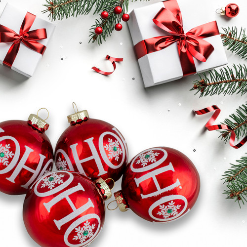 Set of 4 Red Ho Ho Ho Glass Ball Christmas Ornaments 3.25-Inch (80mm)