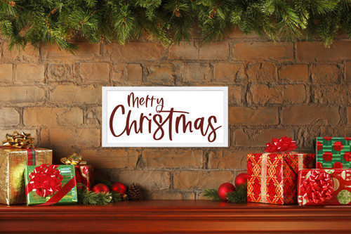 Red and White Merry Christmas 9.5" x 18.5" Framed Christmas Wall Decor Art Print Sign Poster in a Natural Wooden Frame with UV Acrylic and Hangers