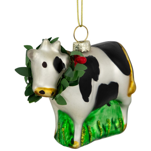 3" Cow with Wreath Christmas Glass Hanging Ornament