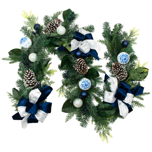 Frosted Pine with Blueberries, Bows and Ornaments Christmas Garland - 6' x 8" - Unlit